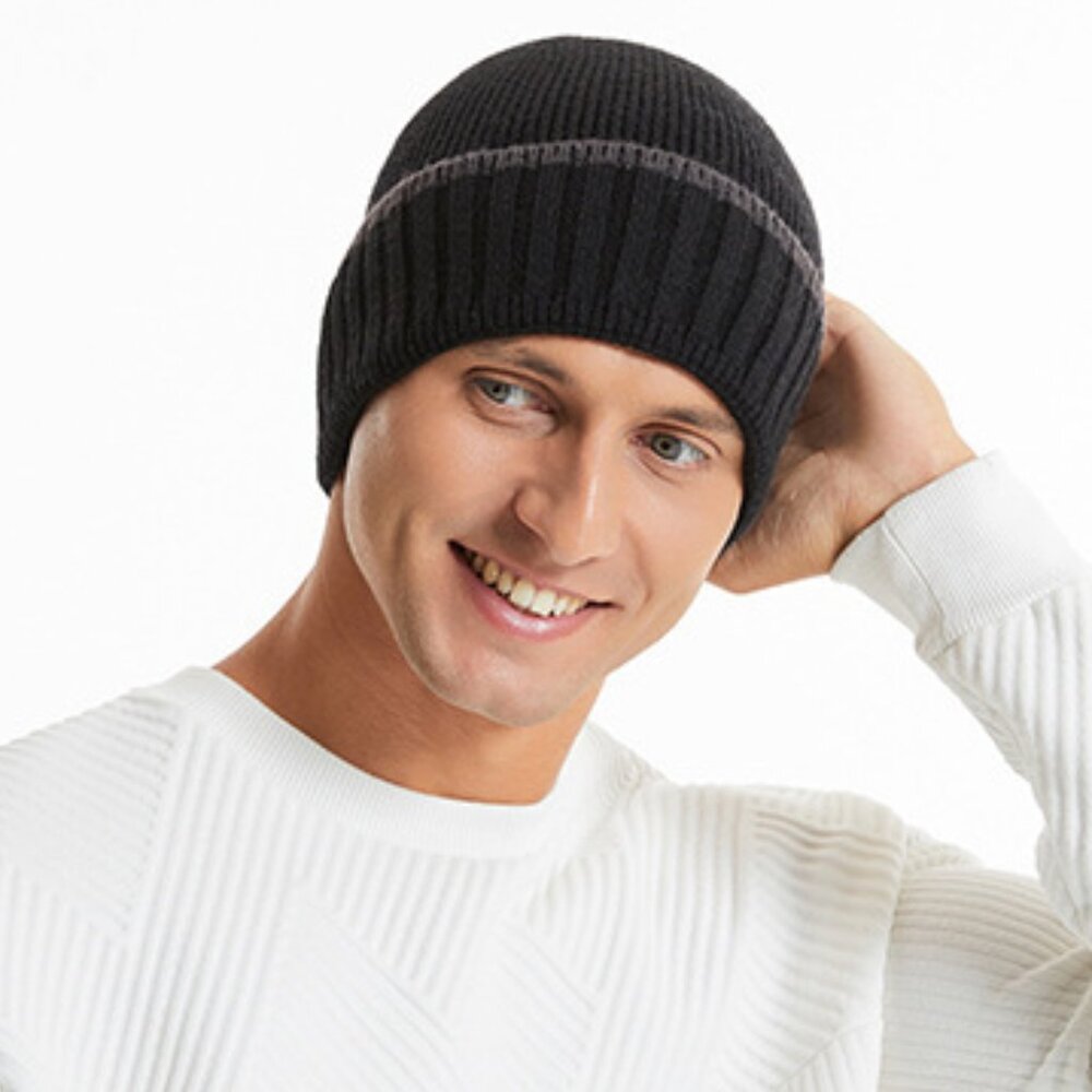 2/$30 Men Black Ribbed Knit Beanie Hat Gray Stripe Cuff Winter Ski Warm Wool